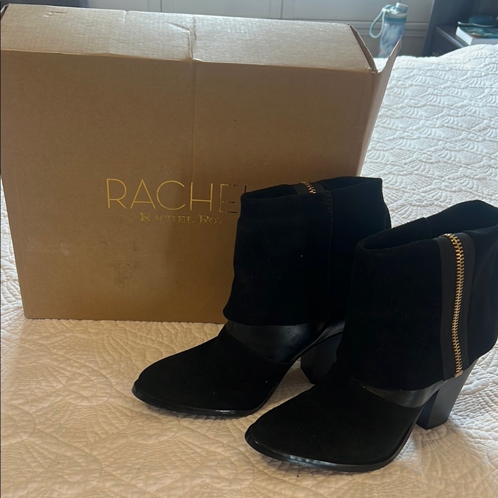 RACHEL Rachel Roy Black Suede Ankle Booties with Gold Zip Accent